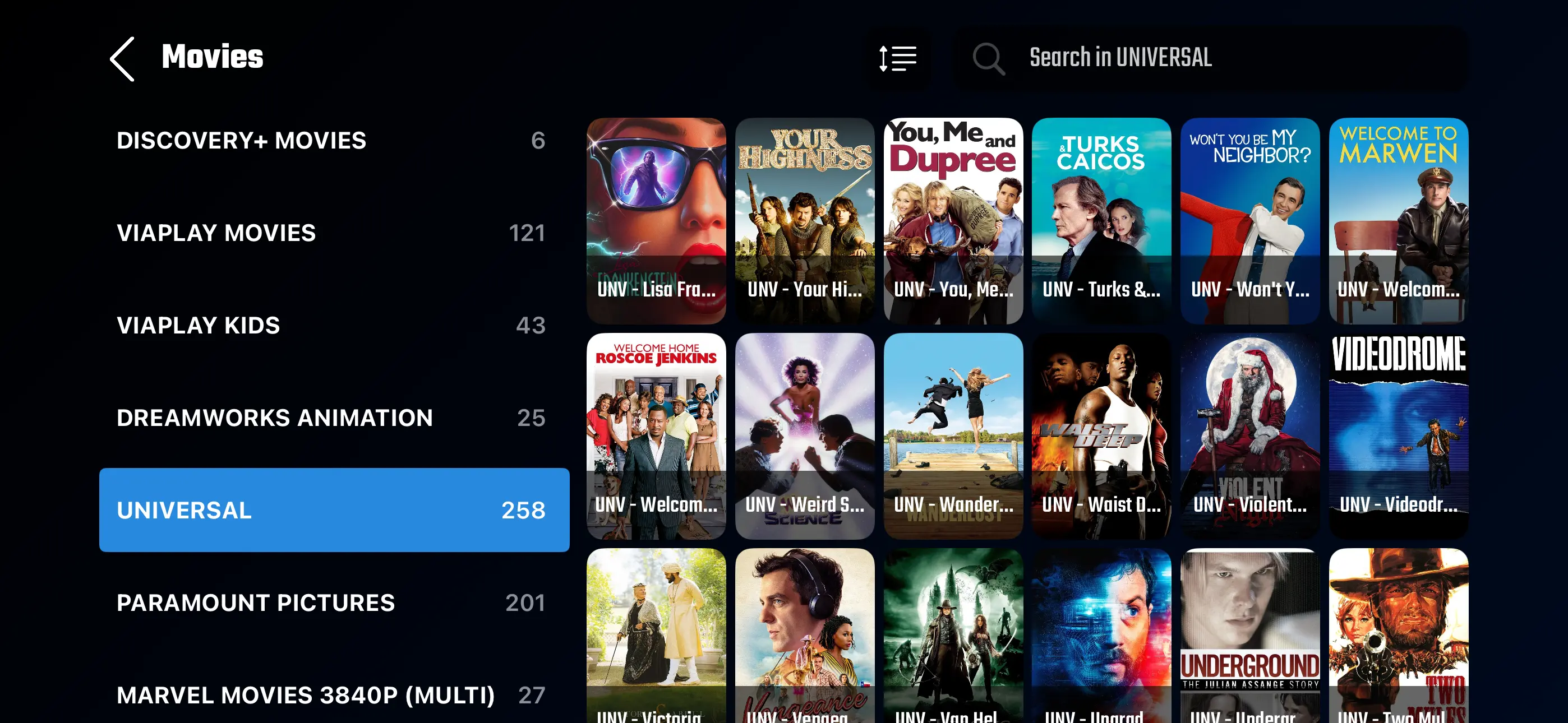 StreamCinema IPTV channel guide and VOD library